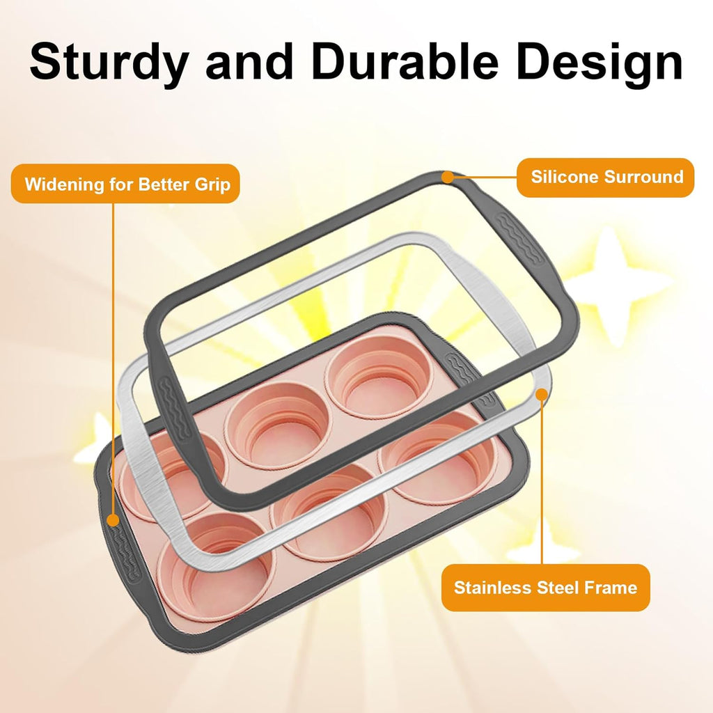 Skiennix Silicone Muffin Pans - Nonstick 6-Cup Baking Tray with Metal Frame | BPA-Free, Dishwasher Safe, Pink
