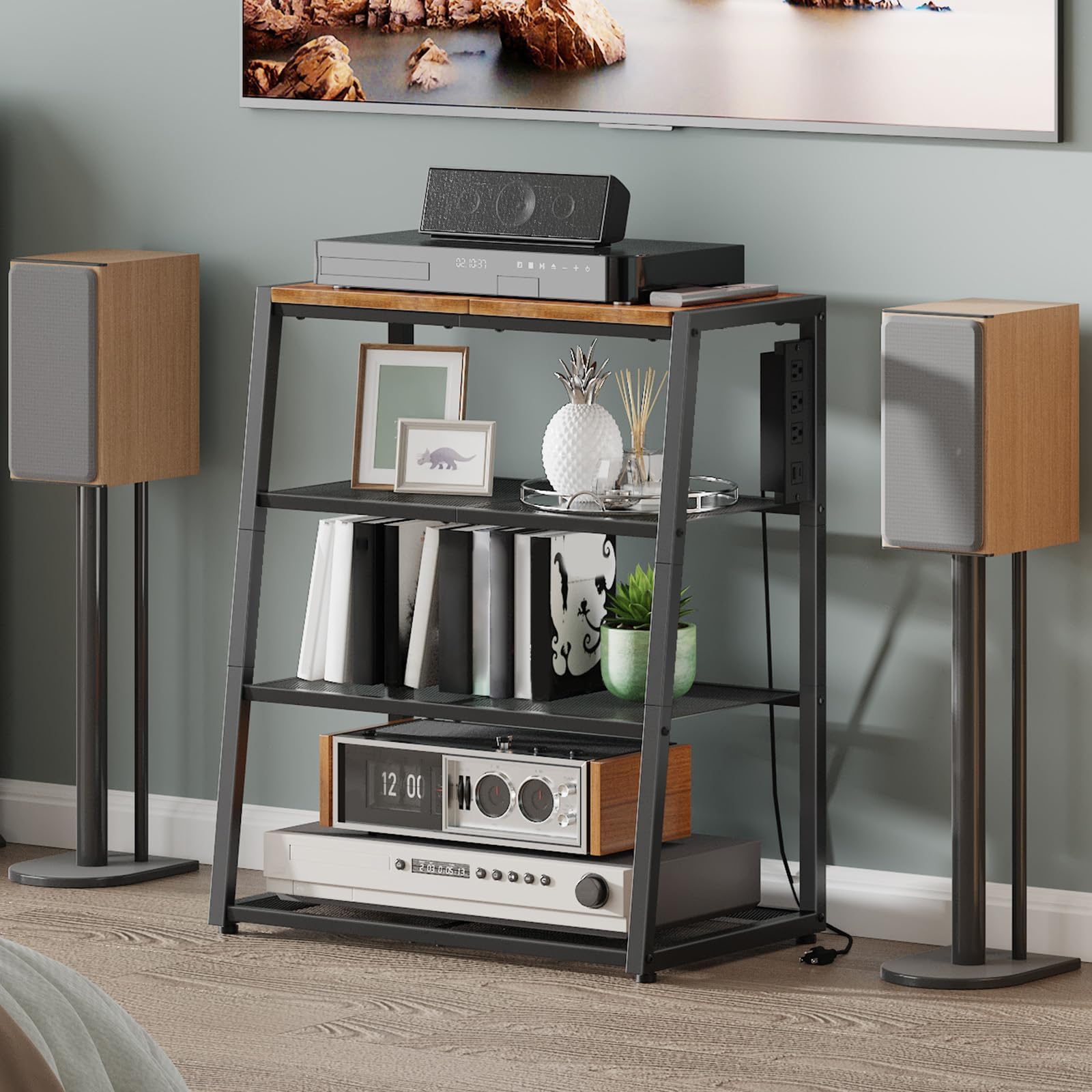 HOOBRO 4-Tier AV Media Stand, Stereo Stand with Charging Station and LED Light, Wooden Stereo Cabinet, Rack Audio Tower, Corner Entertainment Center, 30'', Rustic Brown and Black BF107UDCJ01