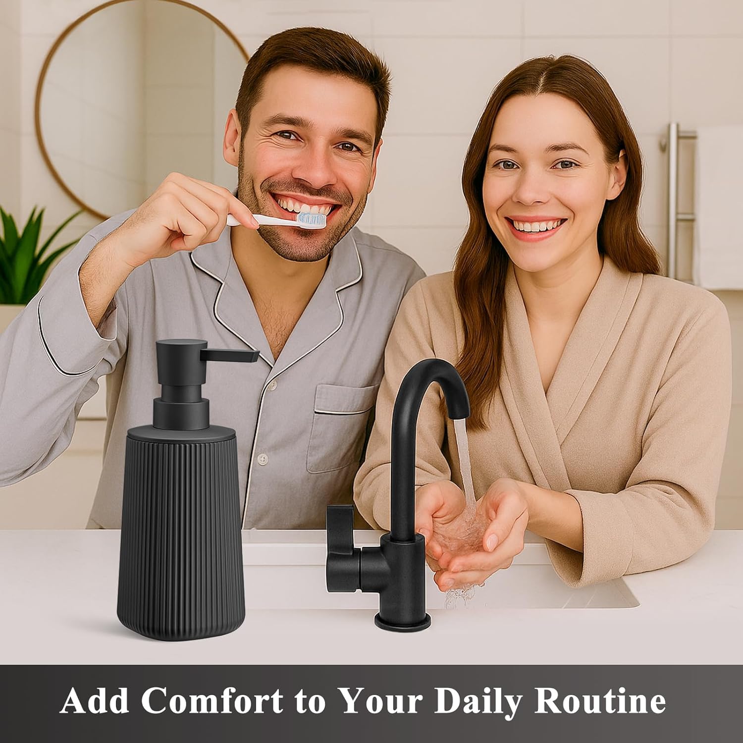 Black Hand Soap Dispenser - Rust-Proof Pump for Bathroom & Kitchen | Refillable Striped Matte Plastic, 8.5 oz