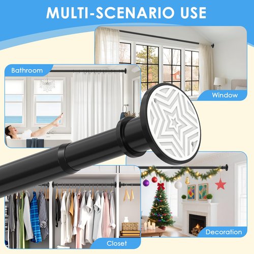 Tension Curtain Rod Extra Long Outdoor Curtain Rod Black Shower Curtain Rods No Drilling 31-168 In（2.58-14Ft）Adjustable Spring Tension Rods Heavy Duty for Bathroom Patio Window Rust Proof