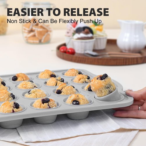 Vnray 3Pcs Silicone Muffin Pan 6, 12 and 24 Cup with Metal Frame, Non Stick Jumbo Cupcake Pan with Handles, BPA Free Silicon Mini Muffin Tin Regular Tray For Baking,Egg Bites,Mold Light Grey