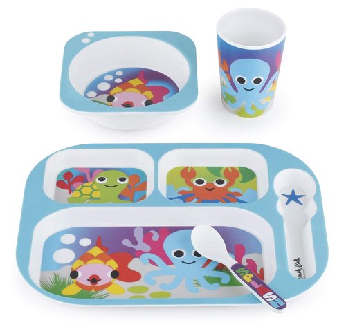 French Bull 4pc Toddler Kids Feeding Melamine Tableware Flatware BPA Free Dishwasher Safe, Durable Plate, Cup, Bowl, Divided Tray Dinnerware, 4 Piece Set, Ocean