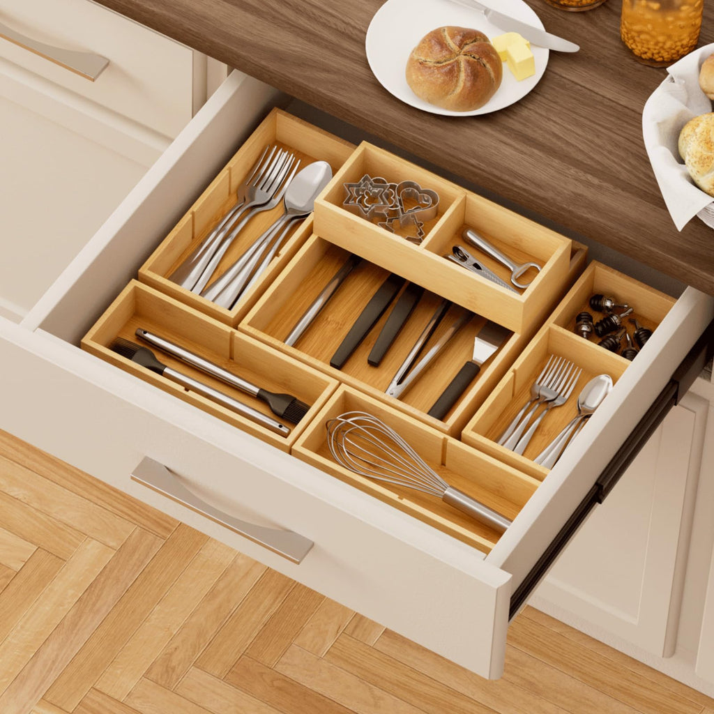 Lifewit Drawer Organizers 10 Pack(22 Grid) with 12 Inserts, Adjustable Bamboo Wooden Drawer Dividers, Stackable Storage Box for Utensils, Silverware, Makeup, Junk in Kitchen/Bathroom/Office/Vanity