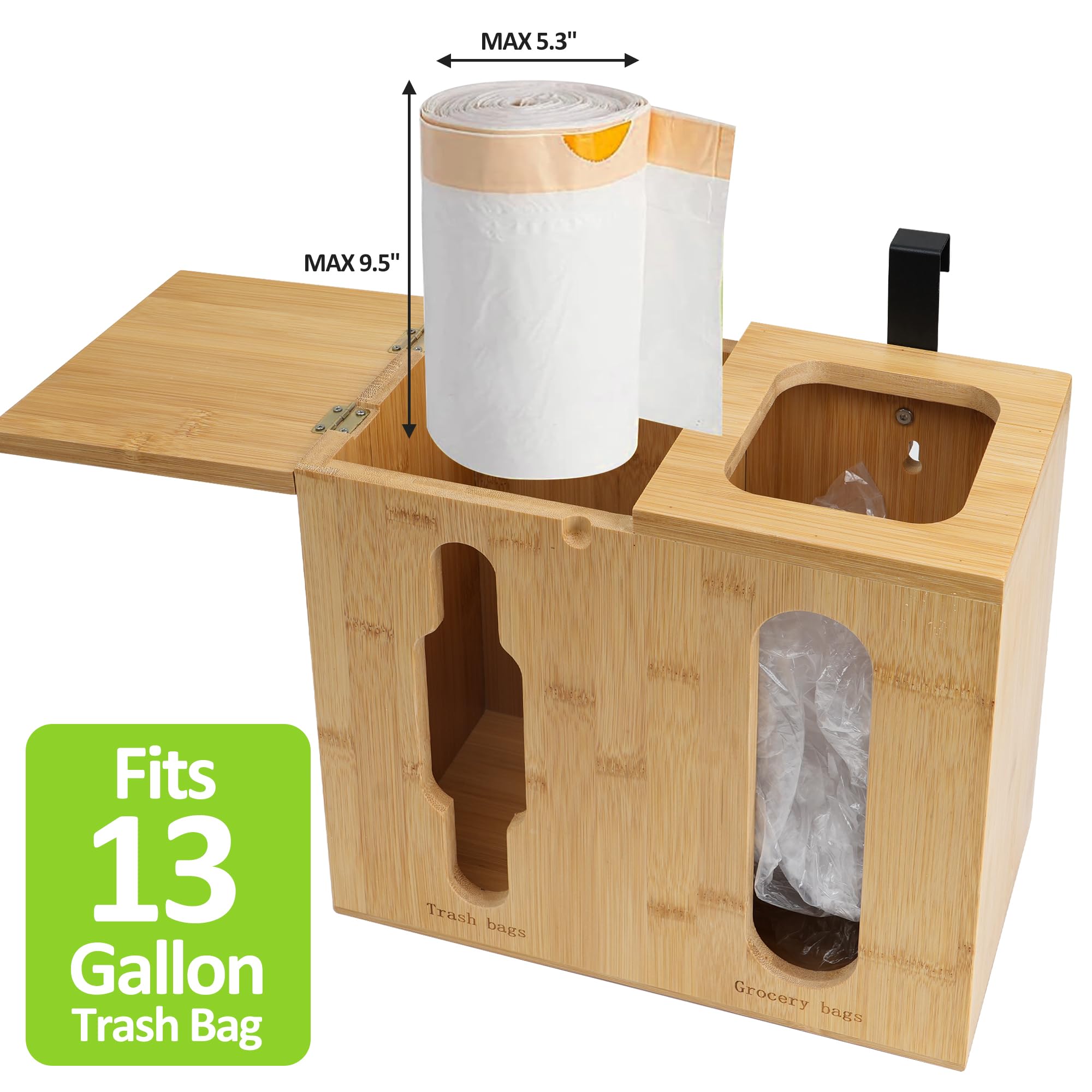 Bambition Trash Bag Dispenser & Grocery Bag Organizer, 2 in 1 Bamboo Garbage Bags Storage Box for Cabinet Door or Wall Mount