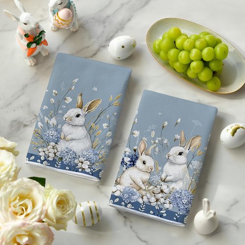 Artoid Mode Bunny Hydrangea Easter Kitchen Towels Dish Towels, 18x26 Inch Spring Farmhouse Wild Flowers Decoration Hand Towels Set of 2