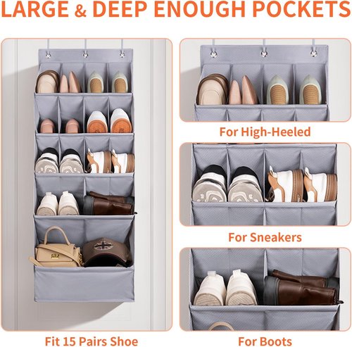 FENTEC Over-The-Door Shoe Organizer - 15 Pocket Hanging Rack for Closet Storage | Gray