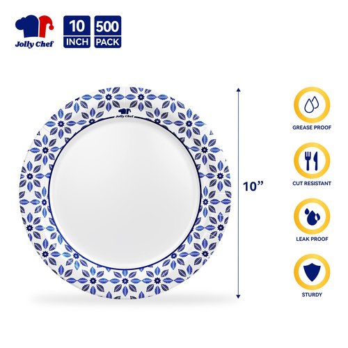 JOLLY CHEF 10 inch Disposable Paper Plates 500 Count, Soak Proof, Cut Proof, Heavy Duty Paper Plates for Party or Everyday Use