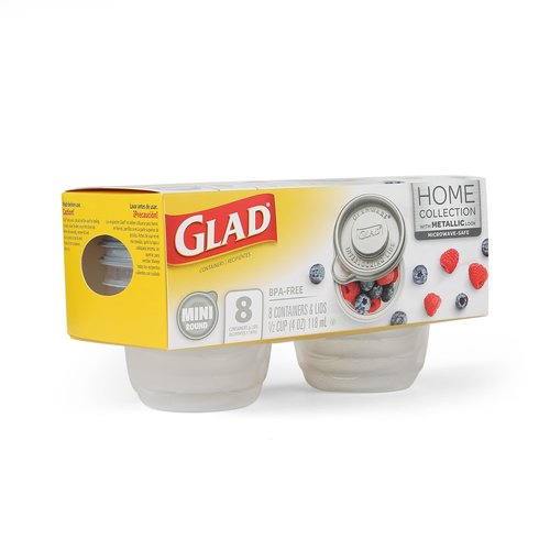 Glad GladWare Home Collection Mini Round Food Storage Containers, Small BPA Free Plastic with Silver Metallic Lid, Snack and Portion Control Containers, Microwave Dishwasher Safe, 4 Oz, 8 Count
