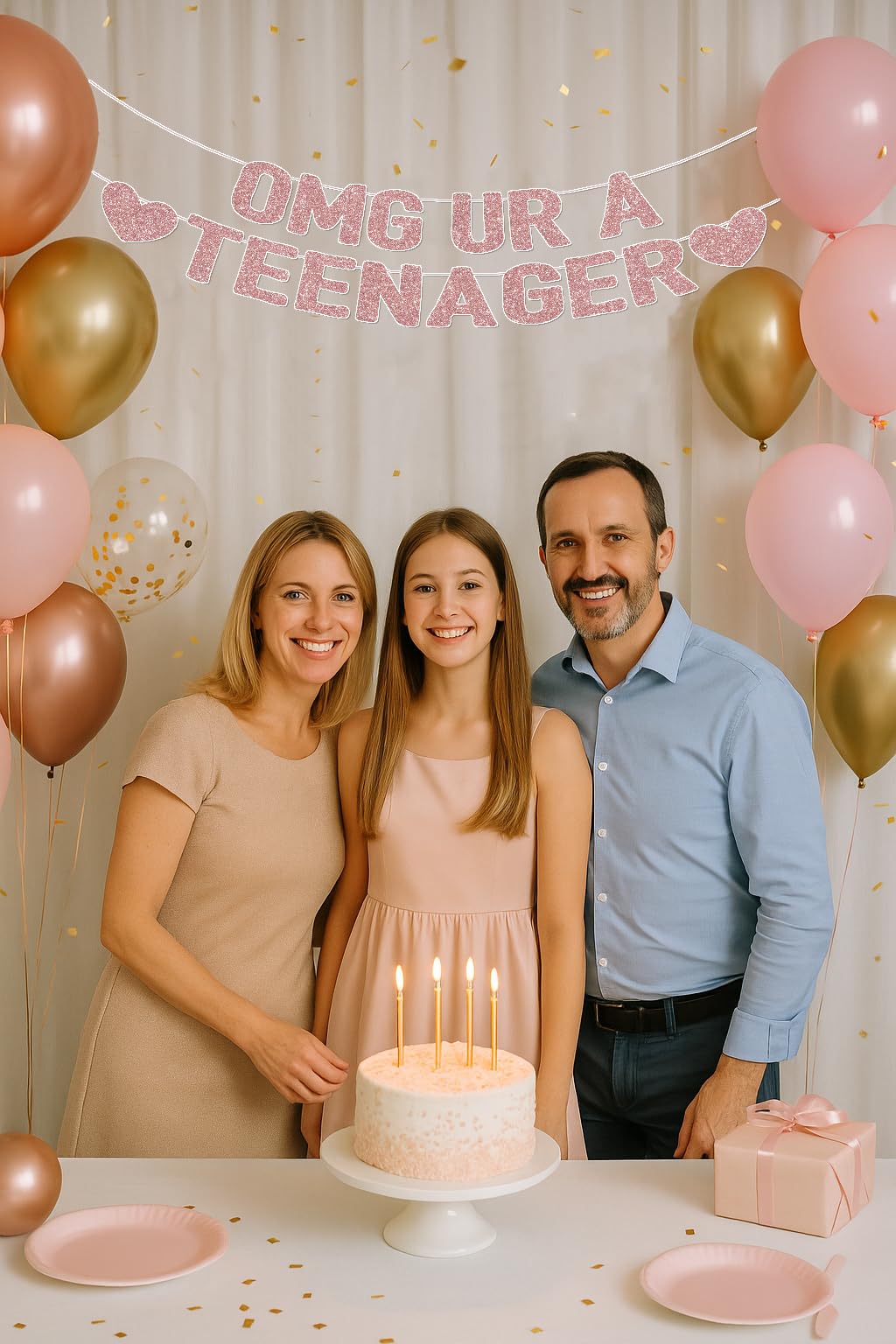 OMG UR A TEENAGER Banner – 13th Birthday Decorations for Girls, Rose Gold Glitter Happy 13th Bday Party Decor, Pre-Strung Teen Girl Birthday Decorations for 13 Year Old Girl