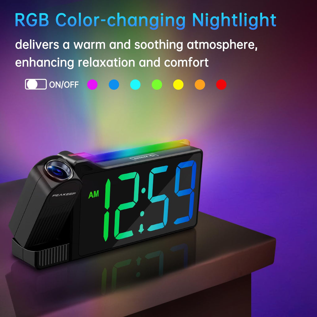Peakeep Projection Alarm Clock for Bedroom Ceiling, Loud for Heavy Sleepers, RGB Nightlight, Multi-Color Large Display 5 Brightness Dimmer, Plug in Bedside Electric LED Digital Clock with USB Port