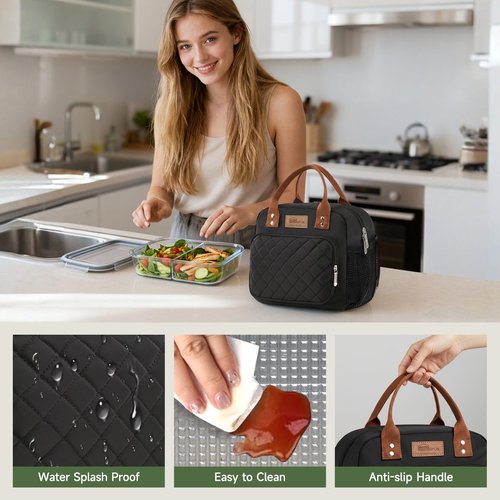 Buringer HOMESPON Lunch Bag for Woman Man Adults with Front Pocket Insulated Lunch Tote Lunch Box Container for Work Picnic or Travel (Black with Side Pockets)