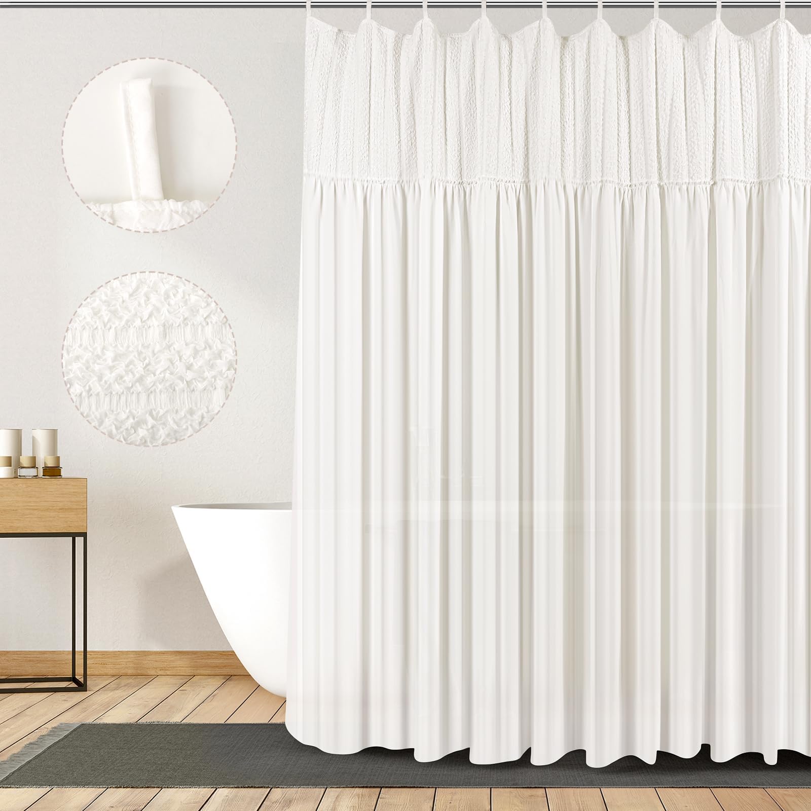 Treory Valentine’s Day White Shower Curtain Set, Victorian Linen Shower Curtain for Bathroom with Fabric Ropes, Romantic Modern Decor for Girls & Women, 72" x 72"