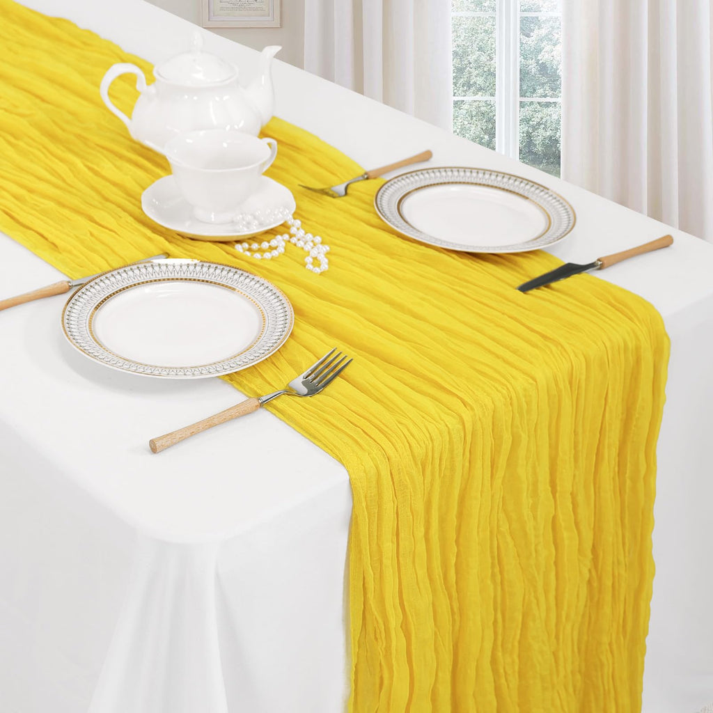 6 Pack Lemon Yellow Table Runner 10ft Boho Gauze Fabric Cheesecloth Table Runner 35 x 120 Inch Rustic Sheer Runner for Holiday Baby Shower Home Décor Party Wedding Decoration