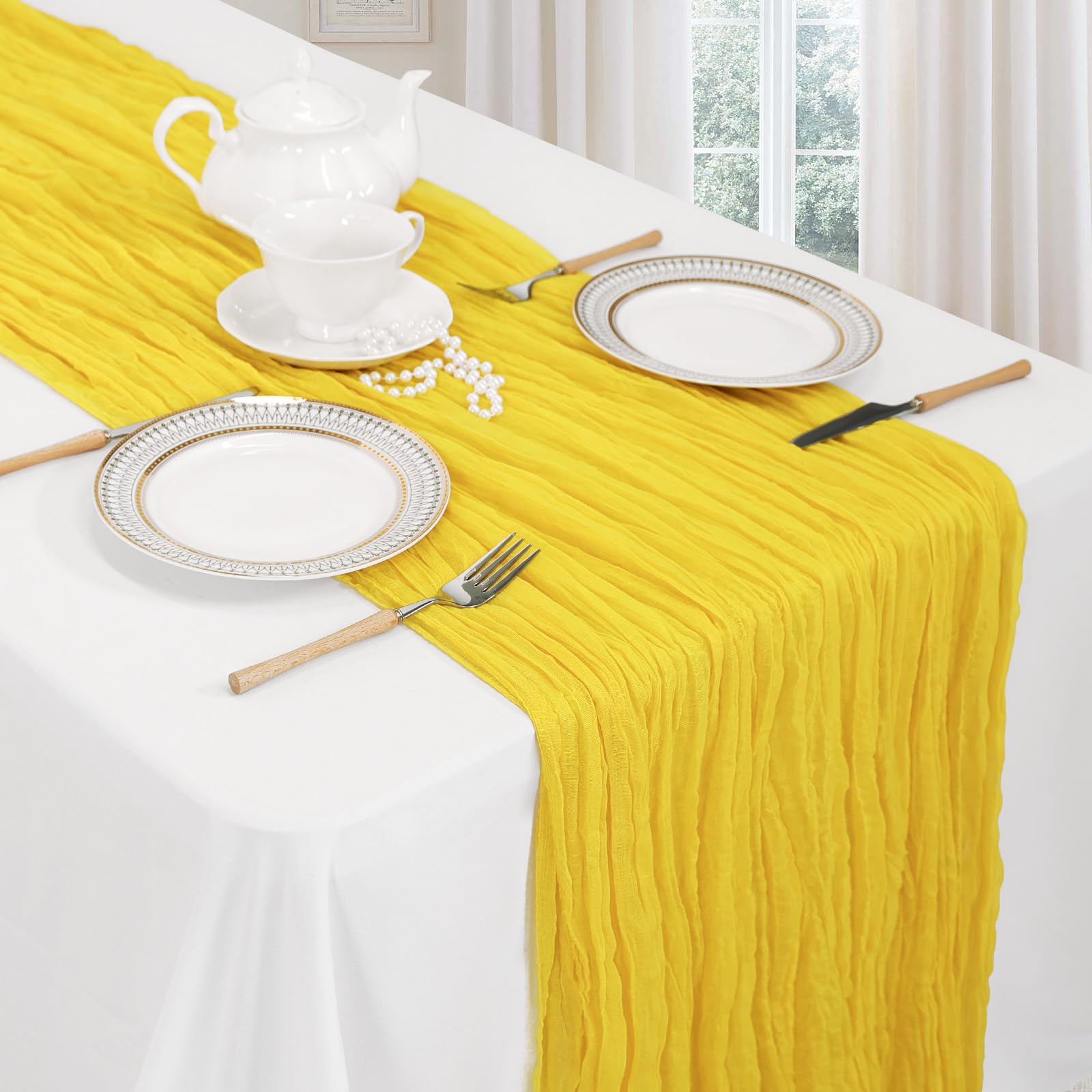 6 Pack Lemon Yellow Table Runner 10ft Boho Gauze Fabric Cheesecloth Table Runner 35 x 120 Inch Rustic Sheer Runner for Holiday Baby Shower Home Décor Party Wedding Decoration