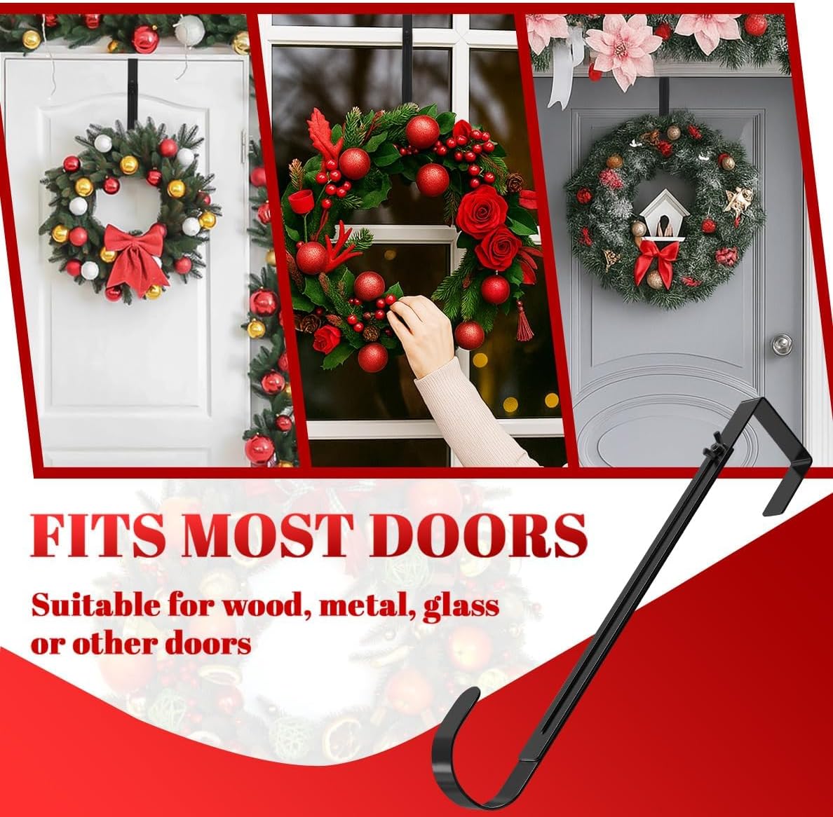 Metal Wreath Hanger - Adjustable Over-the-Door Hook | Heavy Duty, Holds Up to 20 lbs, 12-20”