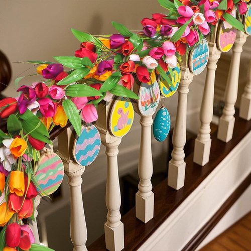 6.56FT Artificial Tulip Garland Spring Garland Easter Christmas Decorations with Flower Green Leaves Hanging Vines for Wall Home Wedding Indoor Outdoor Decor