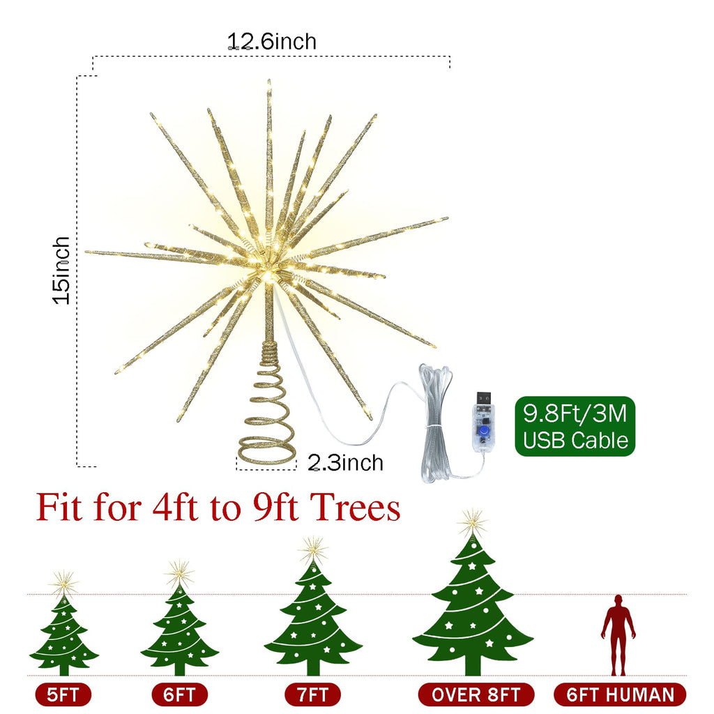 HMASYO 15 Inch Twinkling Starburst Christmas Tree Star Topper, 19-Point Gold Star Tree Topper with 150 LED, Remote Control & Timer, USB Power for Indoor Home Holiday Party Xmas Tree Decoration