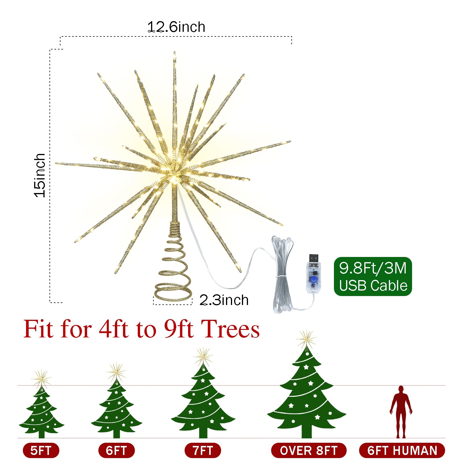 HMASYO 15 Inch Twinkling Starburst Christmas Tree Star Topper, 19-Point Gold Star Tree Topper with 150 LED, Remote Control & Timer, USB Power for Indoor Home Holiday Party Xmas Tree Decoration