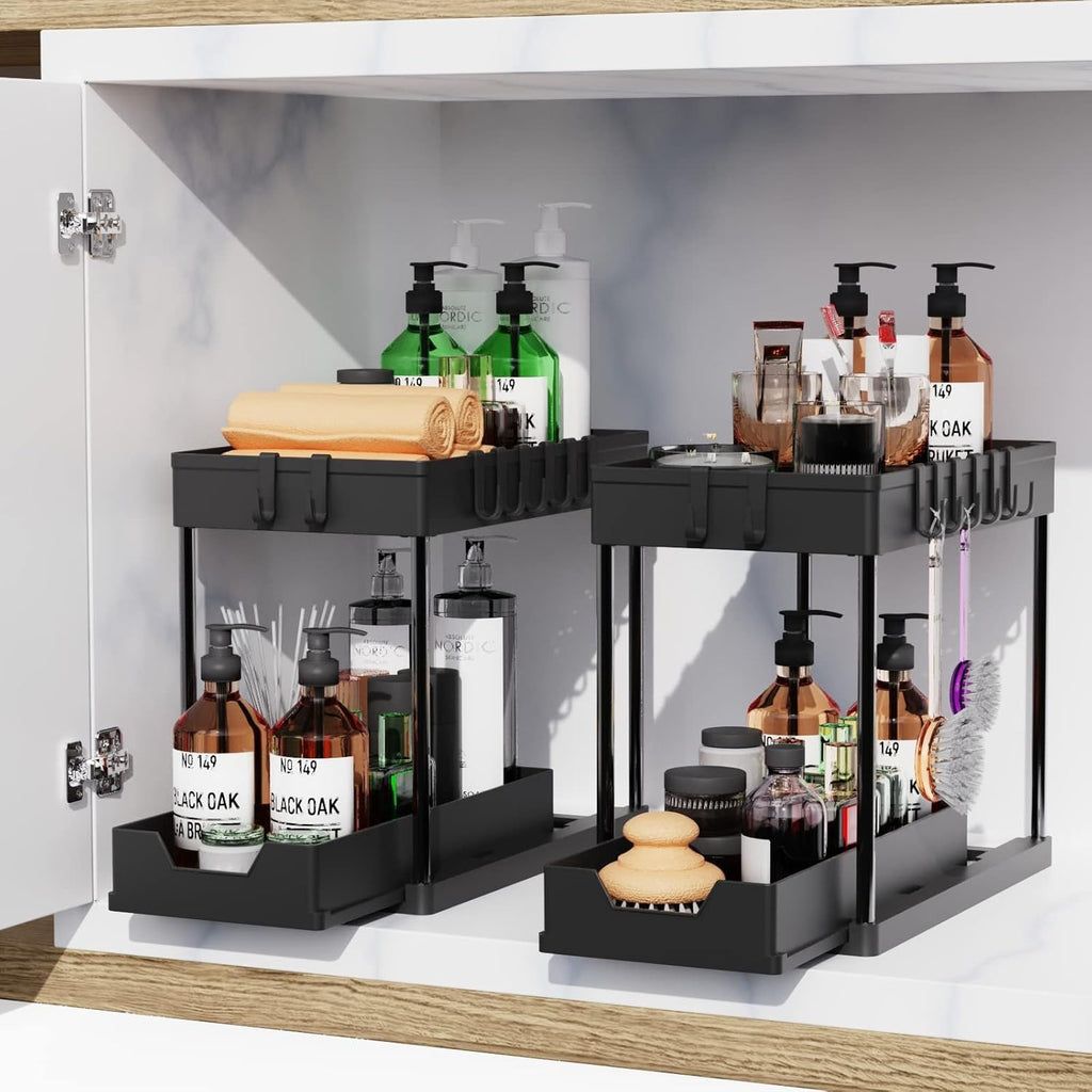 Under Sink Organizers by [Brand Name] - 2-Tier Sliding Cabinet Basket with Hooks | Multi-Purpose Storage for Bathroom & Kitchen