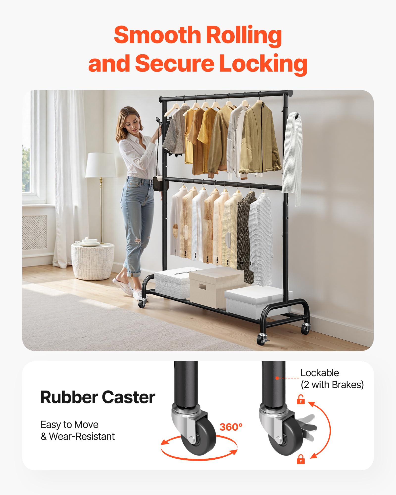 VEVOR Clothes Rack, Rolling Clothing Garment Rack with Adjustable Crossbar and Side Hooks, 150 lbs Load Capacity, Heavy Duty Carbon Steel Clothing Racks with Wheels for Bedroom, Laundry, Living Room