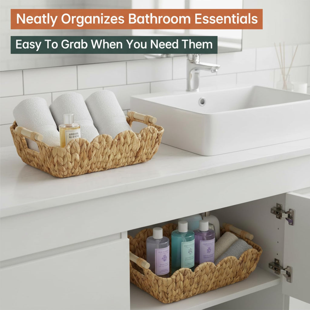 Coeusy Small Wicker Basket 2 Pack,Scalloped Basket for Organizing and Decor,Natural Water Hyacinth Storage Baskets with Wooden Handles for Gifts,Snack,Shelves