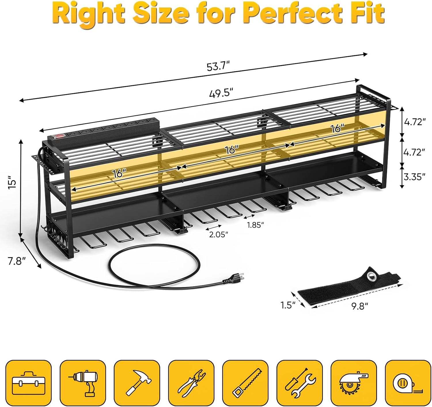 POKIPO Large Power Tool Organizer - Wall Mount Charging Station with 8 Outlet Power Strip | 49.5" 4-Tier Heavy Duty Storage for 12 Cordless Drills, 800 lb Load Capacity