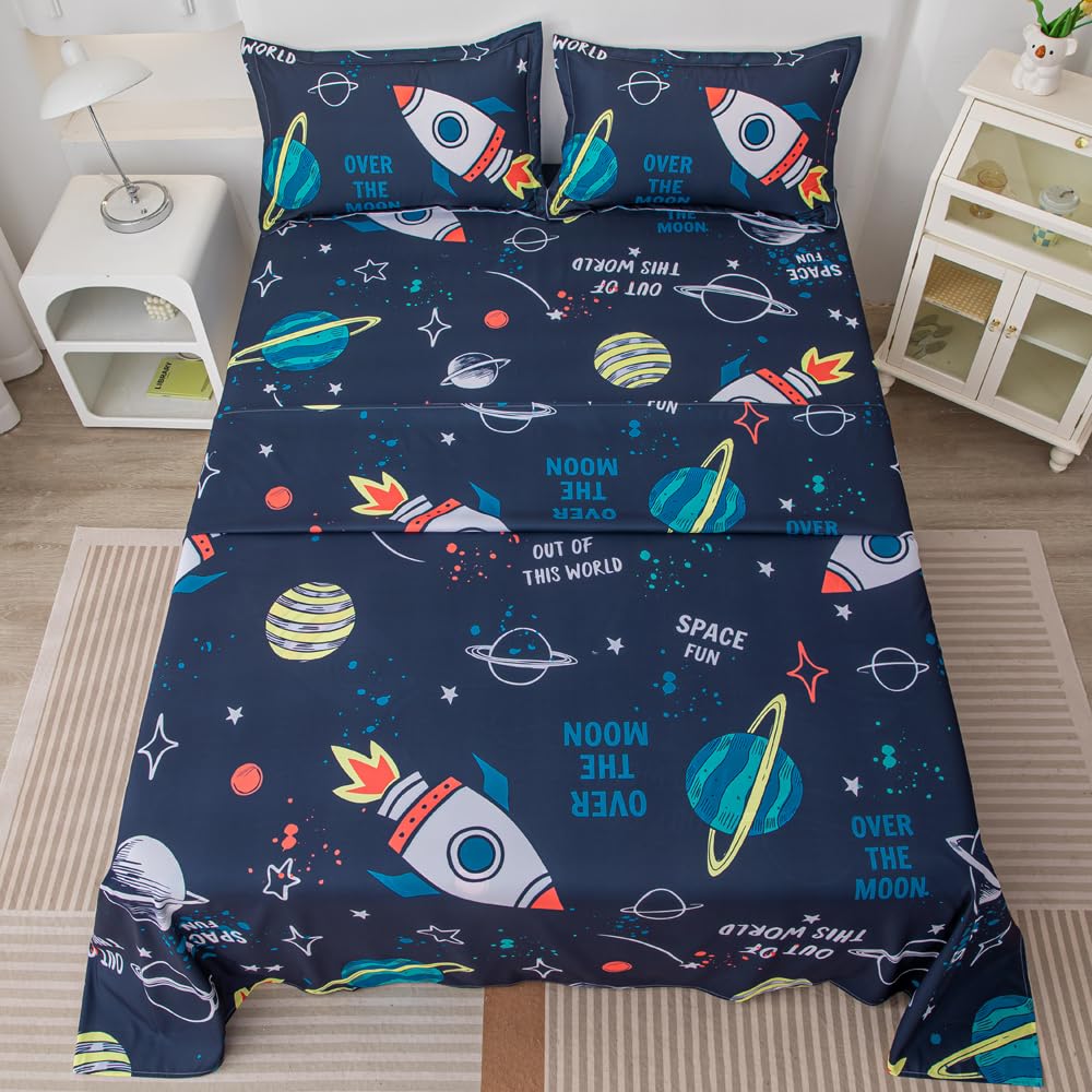 Megamayga Space Sheets Queen Size for Boys Kids 4 Pieces Outer Space Bed Sheets 3D Space Rocket Planets Bedding Set for Teens Boys Space Theme Bedding Set Galaxy Stars Bed Sheet Set Room Home Decor