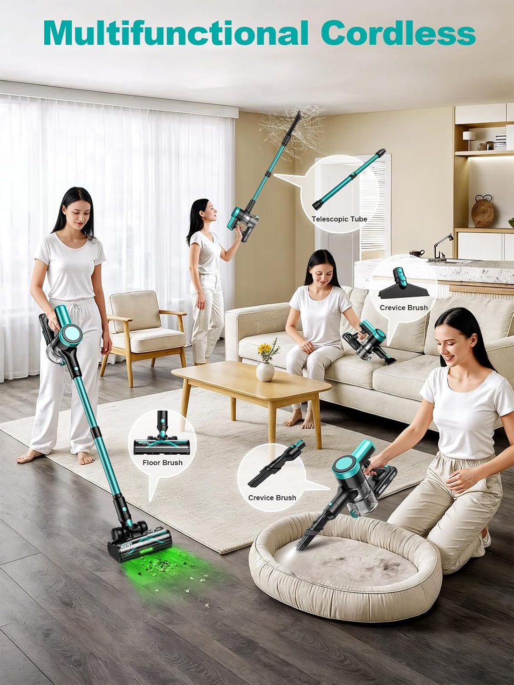 Skiennix Cordless Vacuum Cleaner - 58Kpa 10-in-1 Design with 55 Minutes Runtime & LED Display | Anti-Tangle, Wall Mount Charging (Cyan)