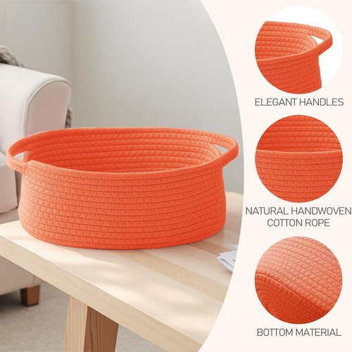JMvicyroam Woven Storage Baskets - Small Rope Organizer with Handles | 3-Pack in Orange for Shelves & Closets