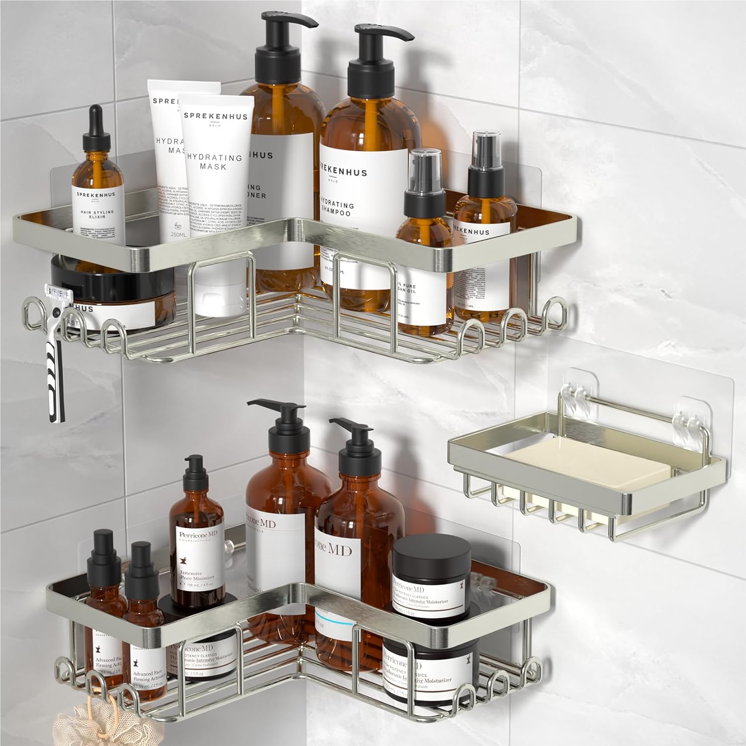 YASONIC Corner Shower Caddy - 3-Pack Adhesive Organizer with Soap Holder & 12 Hooks | Rustproof Stainless Steel, Nickel