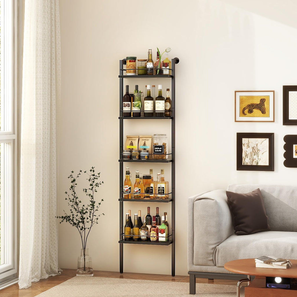 YMYNY 5-Tier Freestanding Wine Racks，Liquor Bottle Display Shelf with Fences, Wall Mounted Floating Shelf Storage Stand for Kitchen, Dining Room, 16.93" L x 7.87" W x 69.68" H Black UHWR001B