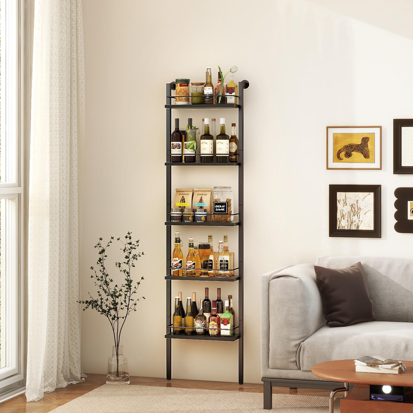 YMYNY 5-Tier Freestanding Wine Racks，Liquor Bottle Display Shelf with Fences, Wall Mounted Floating Shelf Storage Stand for Kitchen, Dining Room, 16.93" L x 7.87" W x 69.68" H Black UHWR001B