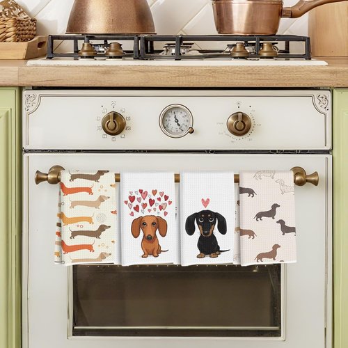 4 Pcs Dachshund Kitchen Towels 24x14 Inch, Dachshund Gifts Reusable Dish Towels for Kitchen Bathroom Decor, Waffle Weave Absorbent Hand Cloth Tea Towel, Cute Weiner Dog Gifts for Women Mom Friend