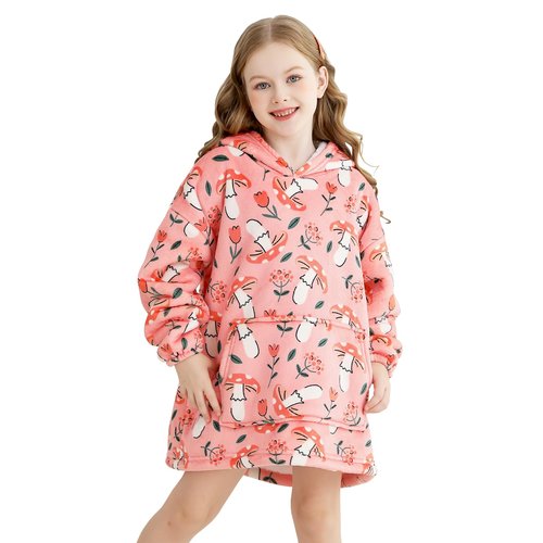 lasoftan Kids Wearable Blanket, Toddler Sherpa Sweatershirt Hoodie with Front Pocket, Comfy Warm Hugs, 2-6 Years Boys Girls Birthday Christmas Gifts (Pink Mushroom & Flower, 2-6 Years)
