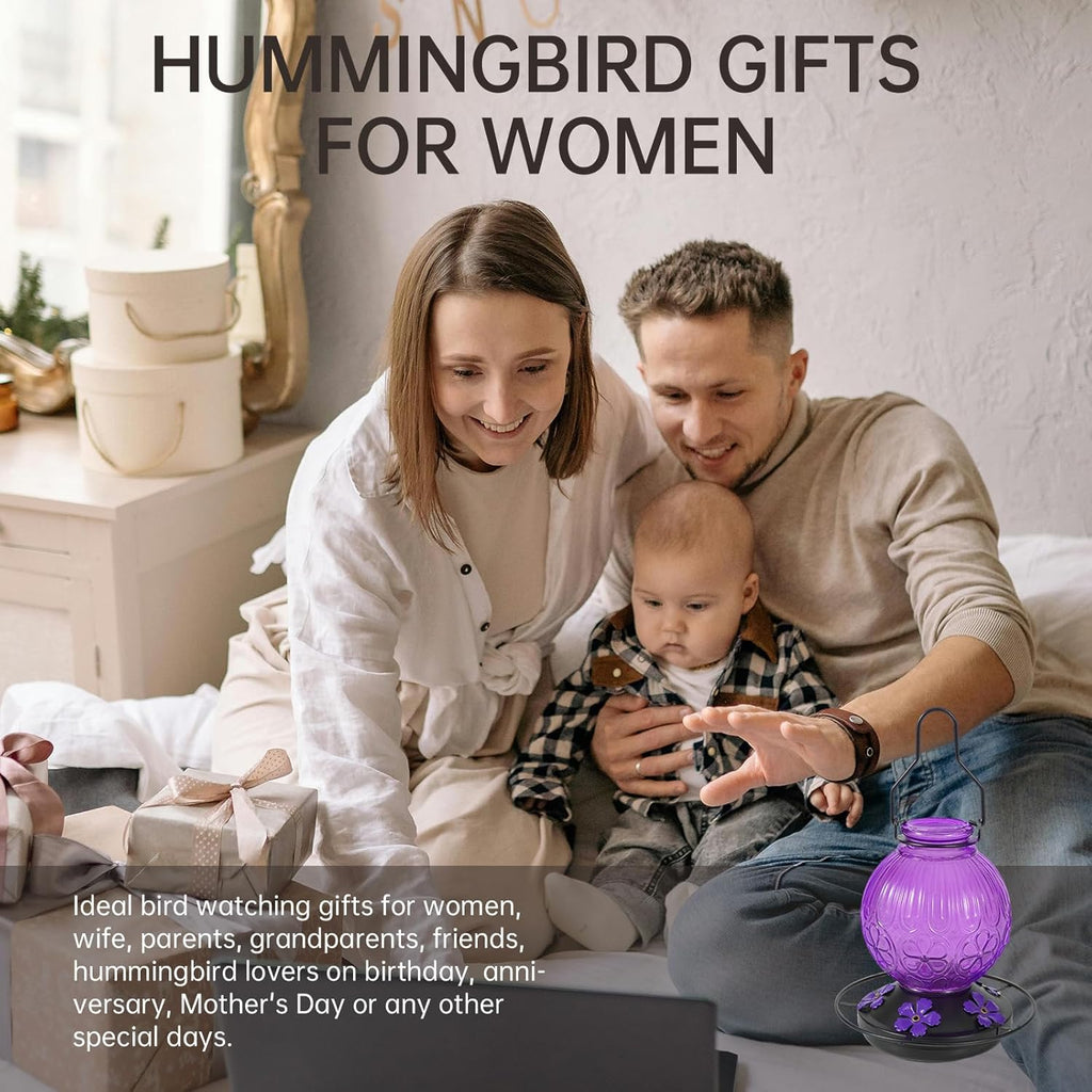 Skiennix Glass Hummingbird Feeder - 23Oz Leak-Proof Nectar Feeder with 5 Flower Ports | Purple Garden Decor Gift