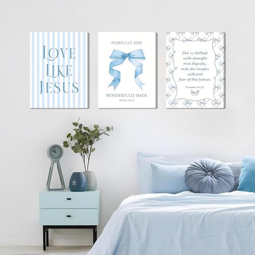 Blue Bow Jesus Wall Art - Inspirational Bible Verse Canvas Print for Dorm Room | 12x16 Inch Framed Decor