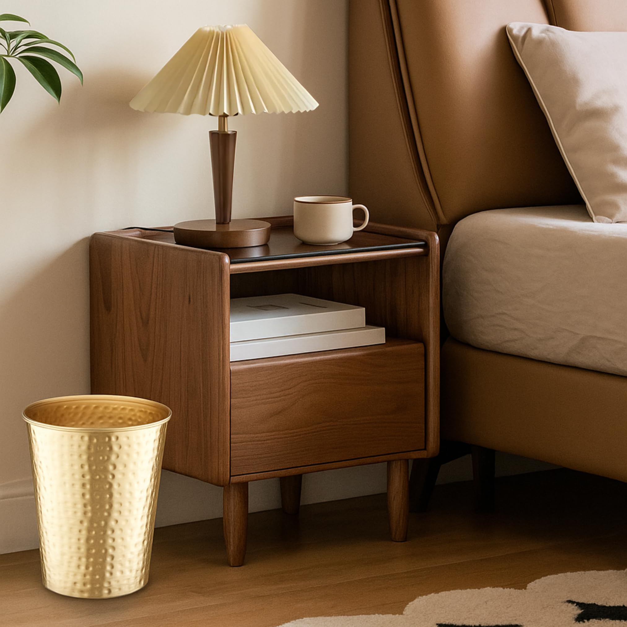 Monarch Abode Metal Bathroom Trash Can – Waste Basket for Bedroom, Office Desk, & Dorm, Hand Hammered, Durable Decorative Brushed Gold Small Trash Can Bathroom Garbage Bin Wastebasket