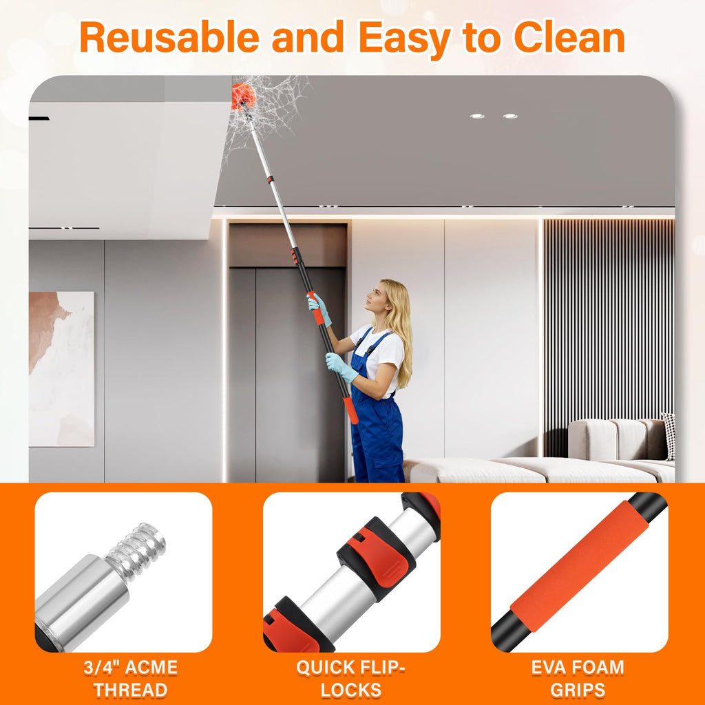 30FT High Reach Duster Cleaning Kit with 24FT Pole | 4-in-1 Tool Set with Universal Swivel Joint | High Ceiling Fan Cleaner, Microfiber Duster & Window Squeegee for Safe High-Reach Cleaning