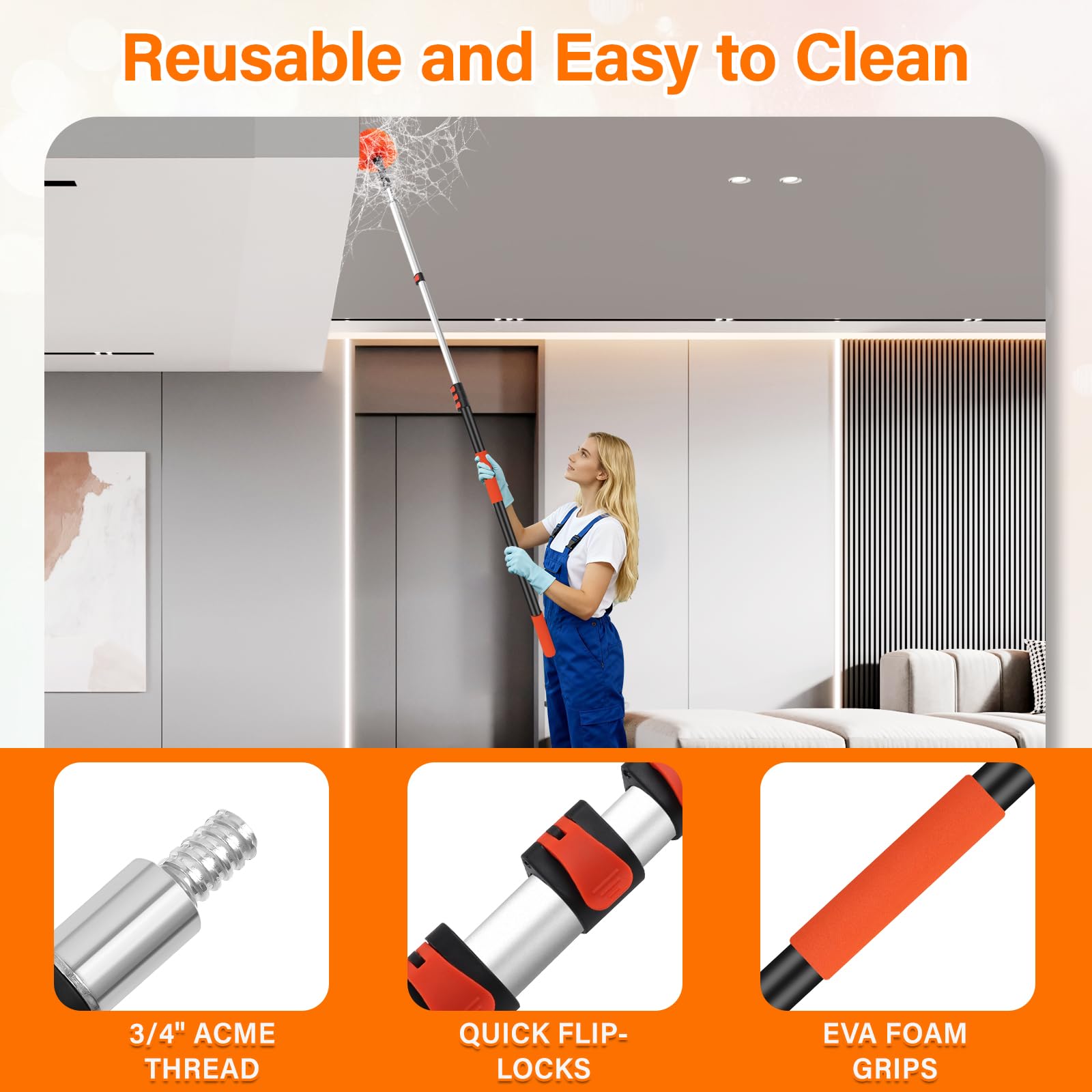 30FT High Reach Duster Cleaning Kit with 24FT Pole | 4-in-1 Tool Set with Universal Swivel Joint | High Ceiling Fan Cleaner, Microfiber Duster & Window Squeegee for Safe High-Reach Cleaning