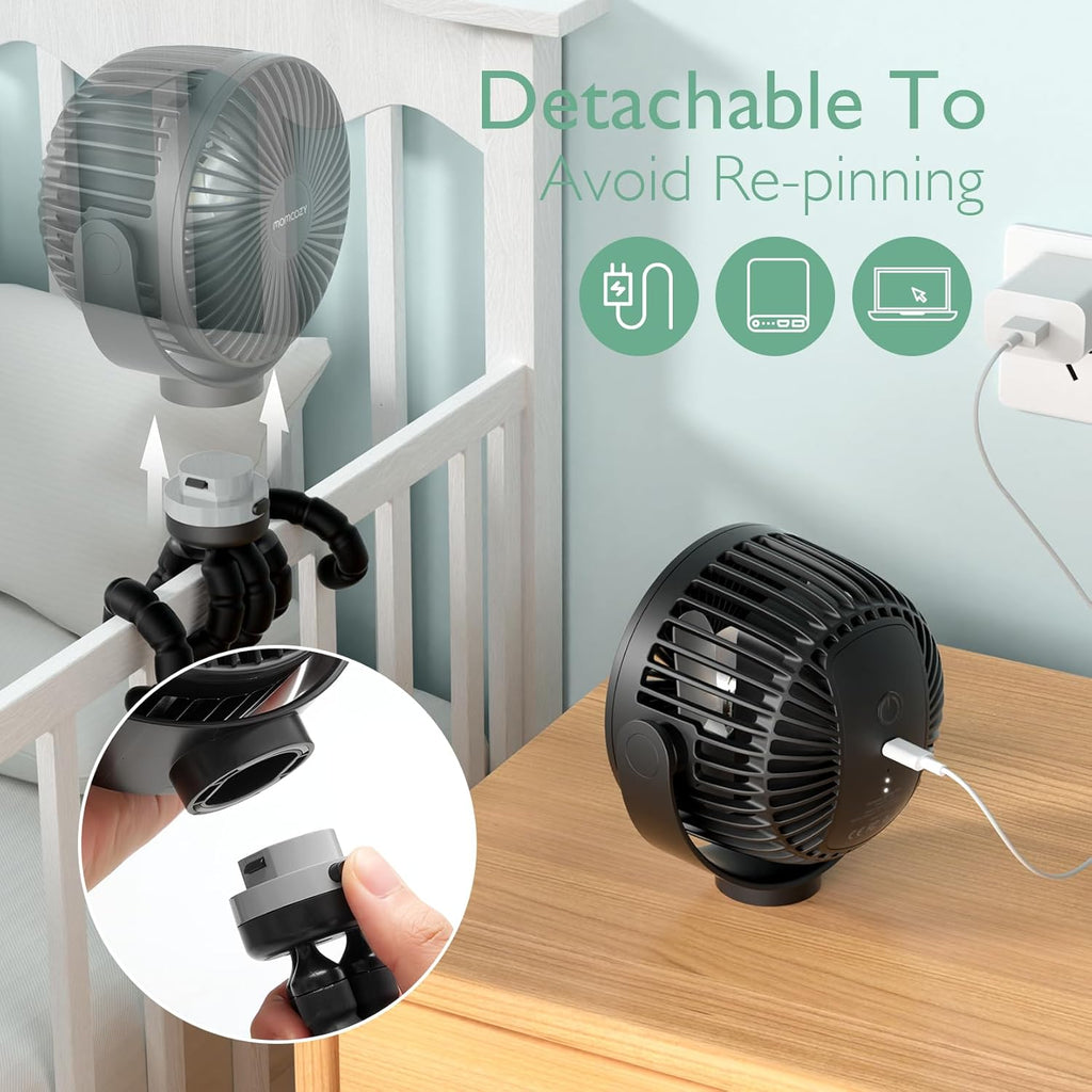 Momcozy Portable Stroller Fan - 8000mAh Battery | 27-Hour Runtime | 4-Speed 360° Rotation | USB Rechargeable