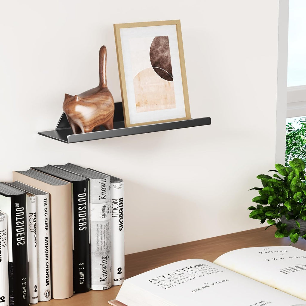 Skiennix Floating Wall Shelf - Modern Off-Center Metal Design for Decor | 12" Black Storage Solution