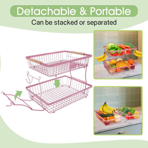 Lawhood-Mijin Fruit Basket Bowl 2 Tier Detachable with 2 Banana Hangers, Fruit Stand Holder for Kitchen Countertop, Metal Wire Vegetable Storage Organizer, for Bread Snack Veggies Produce, pink