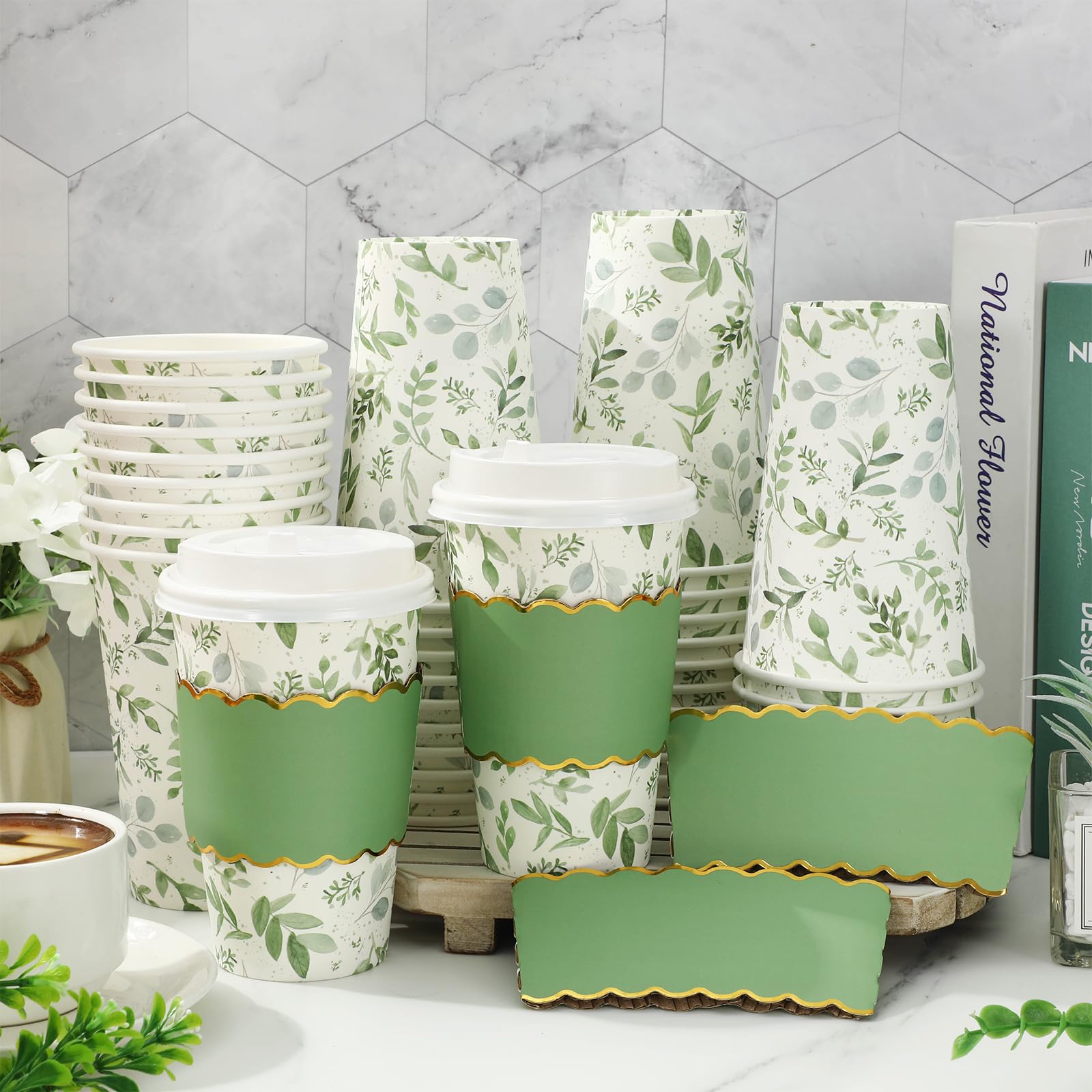 JarThenaAMCS 50 Pcs Greenery Coffee Cups with Lids Sleeves 16 Oz Green Eucalyptus Leaves Paper Cups Disposable To Go Coffee Cup for Wedding Cafes Shops Cappuccino Chocolate Beverage Cocoa