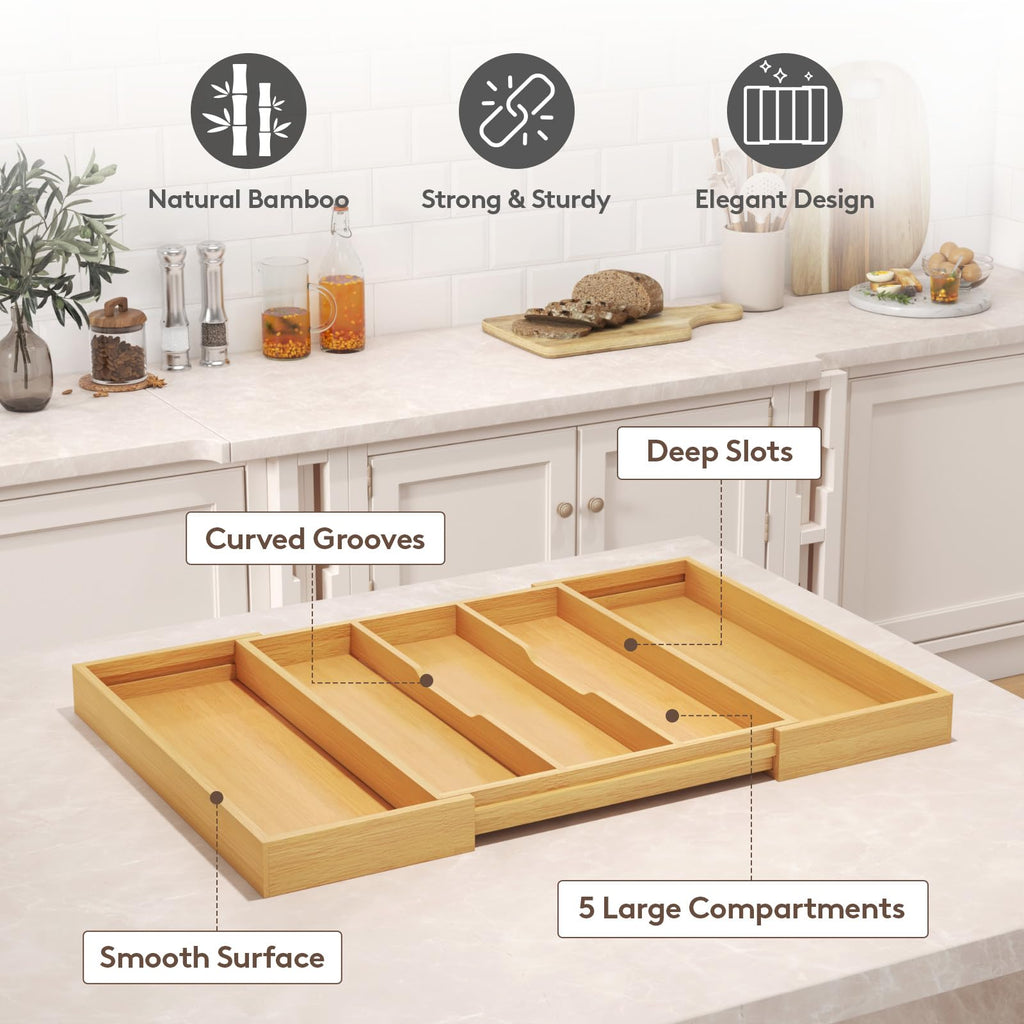 Lifewit Utensil Organizer for Kitchen Drawer, Expandable Cooking Utensil Tray, Cutlery Silverware Flatware Holder, Wood Adjustable Spatula Tools Storage Divider, 15.6-28 x 18.5, Natural