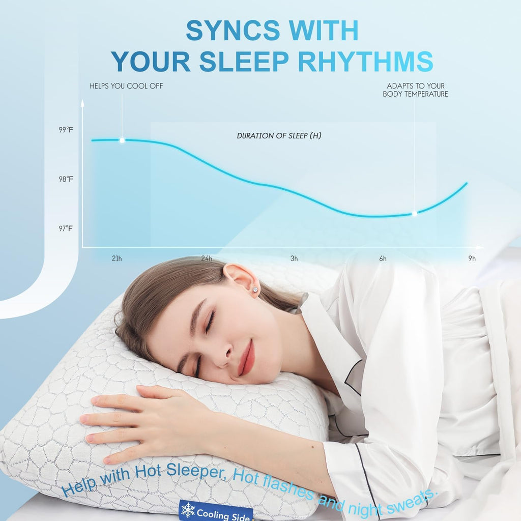QUTOOL Cooling Pillow - CertiPUR-US Shredded Memory Foam | Adjustable Firmness for All Sleep Positions - Set of 2, White