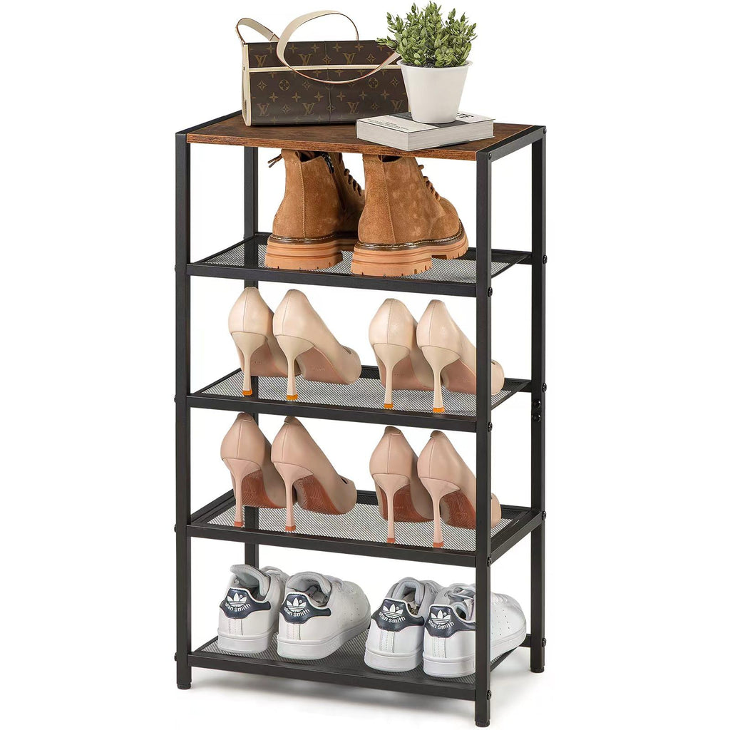 RUNJIMY Narrow Shoe Rack for Front Door Entrance, Entryway, and Closet Shoe Organizer with 4 Sturdy Metal Mesh Shelves and Wooden Top, Holds 10 Pairs, Ideal for Storage or Display