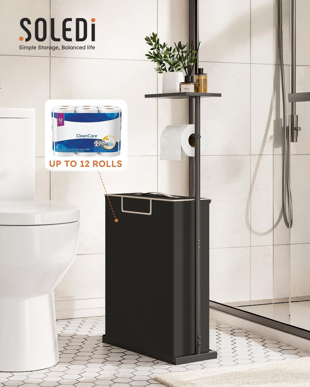 Skiennix 30" H Toilet Paper Holder Stand - Rustproof Free Standing Organizer with Shelf & Basket, Black