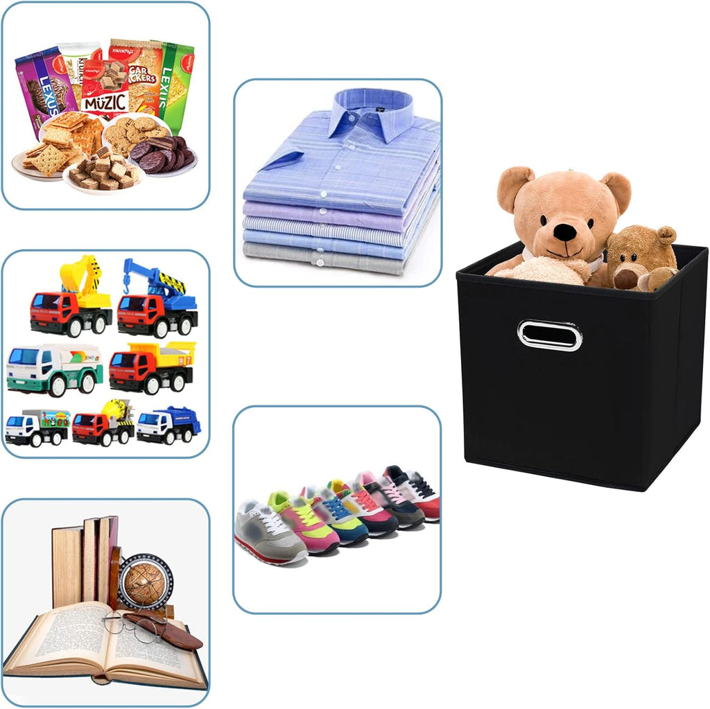 Skiennix Black Fabric Cubby Storage Bins - Foldable 13x13x13 Inch Cube Organizer | Set of 3 with Dual Handles