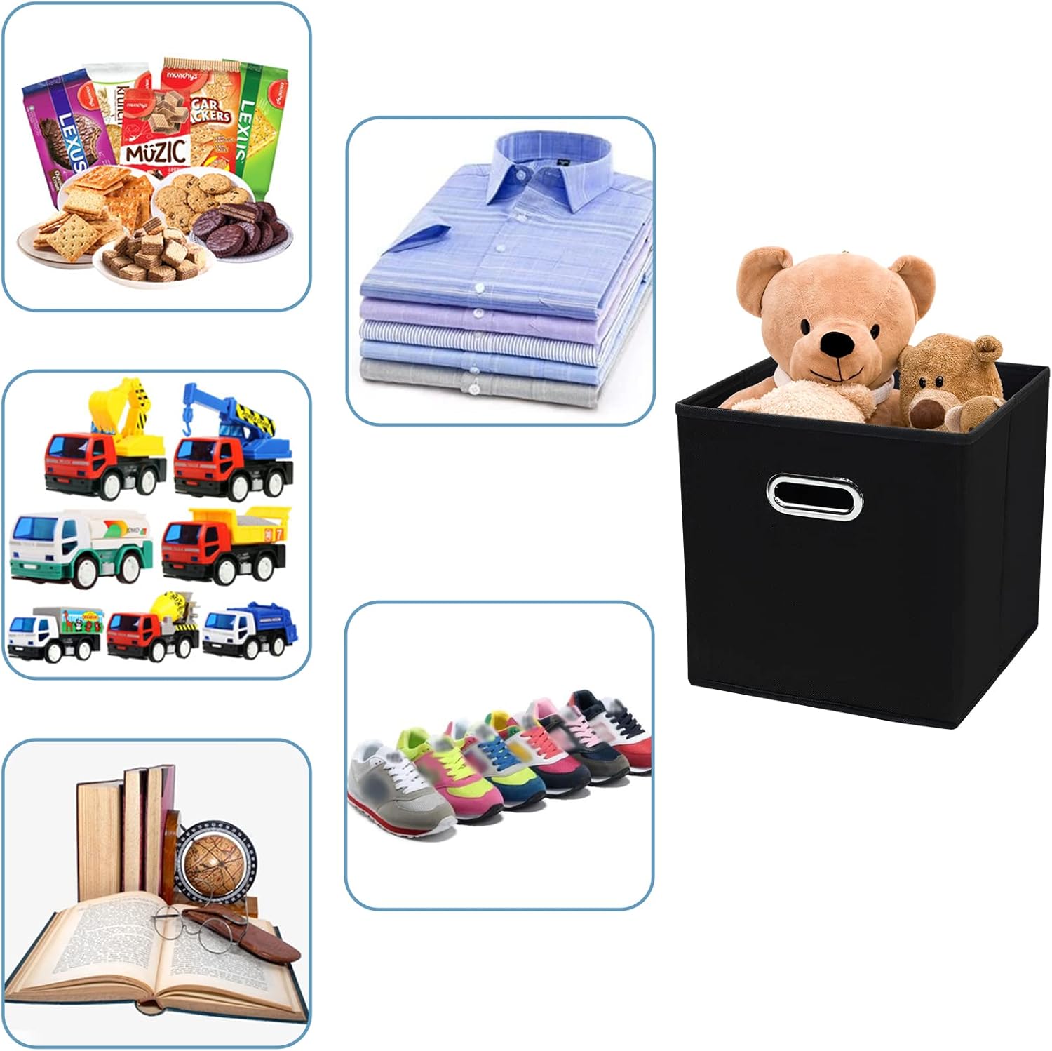 Skiennix Black Fabric Cubby Storage Bins - Foldable 13x13x13 Inch Cube Organizer | Set of 3 with Dual Handles