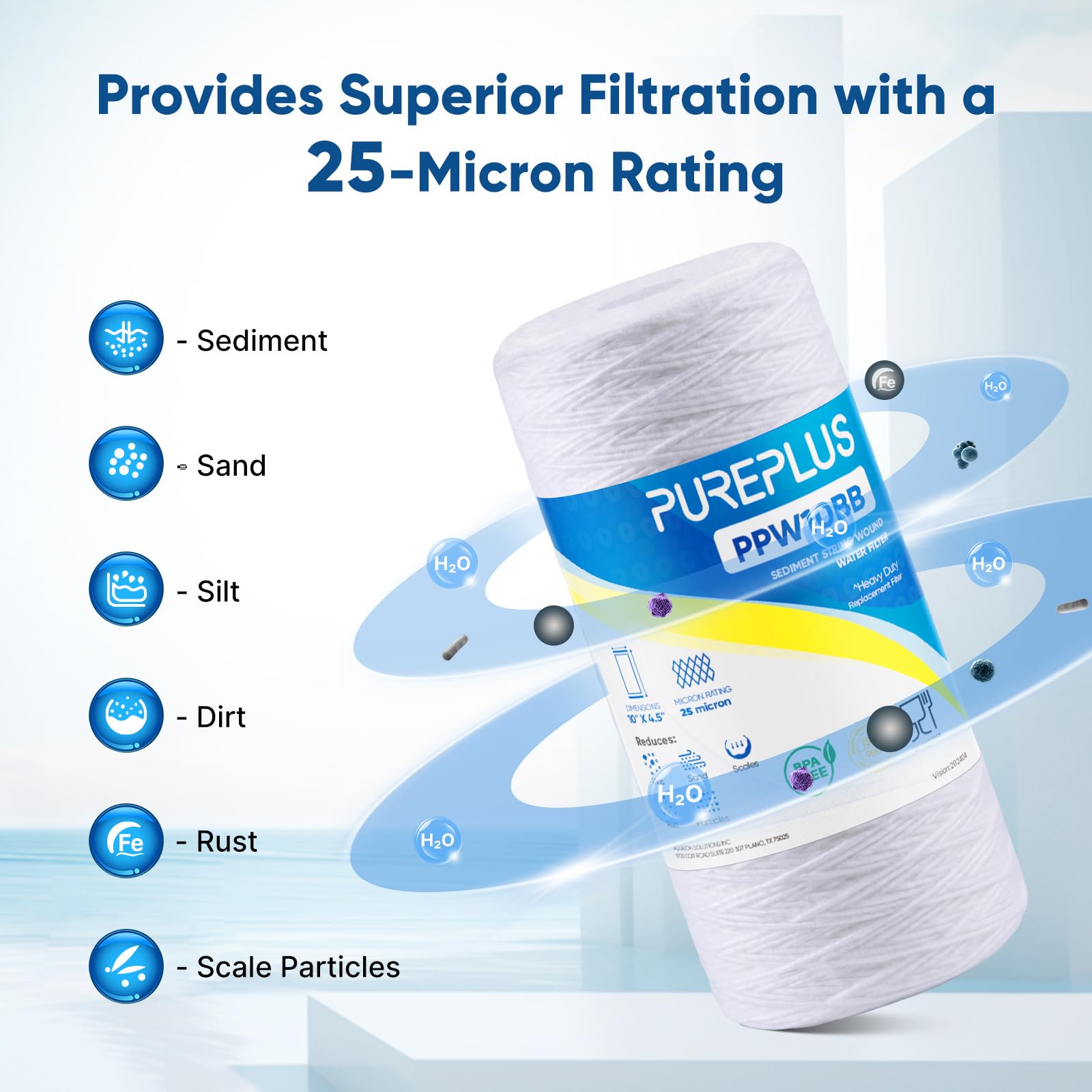 PUREPLUS 25 Micron 10 x 4.5 Whole House String Wound Sediment Filter for Well Water, Replacement Cartridge for 84637, WPX5BB97P, PC10, CW5-BBS, 355215-45, WP10BB97P, WP5BB97P, 4Pack